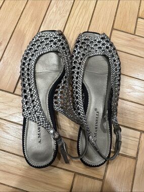 A. Marinelli Metallic Silver Woven Slingback Flats